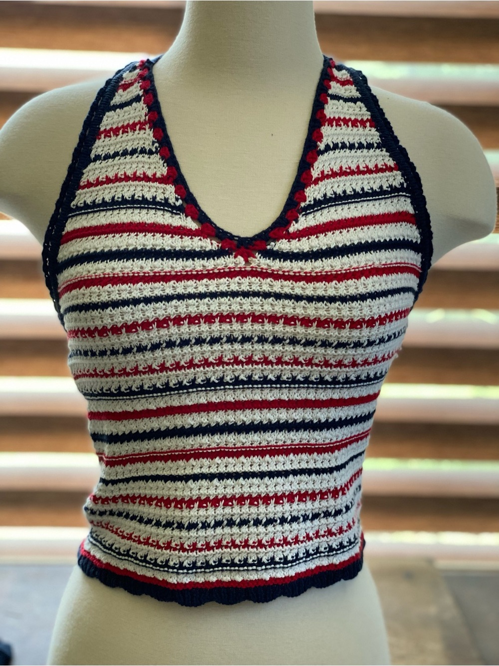 Moon and Madison Striped Crochet Knit Tank Top Red, Navy, and White w/ Scrunchie